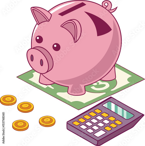Piggy bank savings with calculator and coins