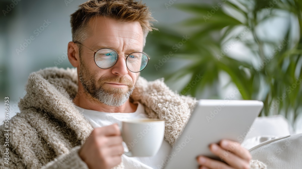 Reading on tablet with coffee cozy home lifestyle portrait indoor setting close-up view relaxation concept Reading on tablet with coffee cozy home lifestyle portrait indoor setting close-up view relaxation concept