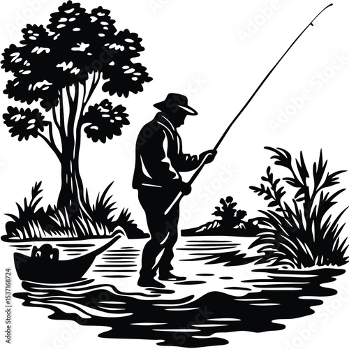Tranquil Fisherman Silhouette A Classic Black and White Illustration of Peaceful Fishing by the River