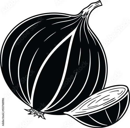 Black and white illustration of a whole onion and a slice