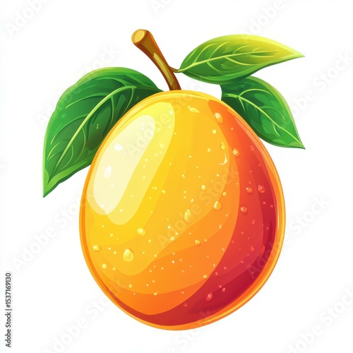 Fresh and juicy mango hanging on a branch with green leaves in bright colors