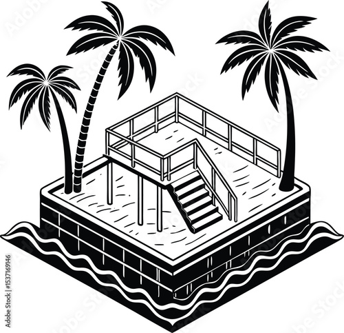Tropical island platform with palm trees