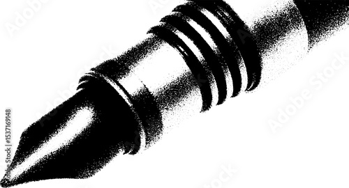 High contrast black and white image of broken fountain pen nib and cap fragment