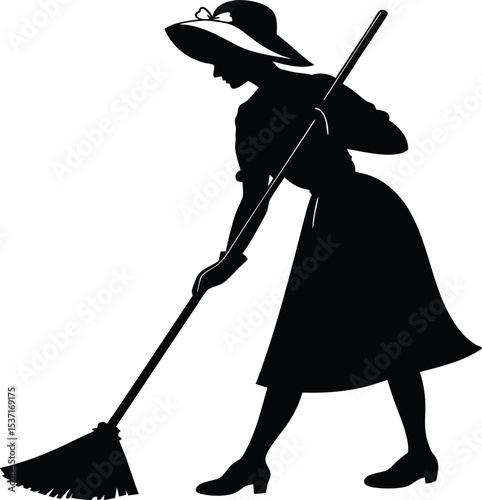 Silhouette of a woman sweeping with a broom