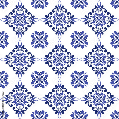 Moroccan Seamless Pattern.Seamless floral tile pattern in Mediterranean style with navy blue elements. Damask.Geometric ornamental light background. Portuguese, dutch azulejo tile pattern 