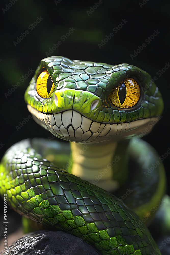 Fototapeta premium A vibrant green snake with striking yellow eyes coiled on a rocky surface in a lush environment