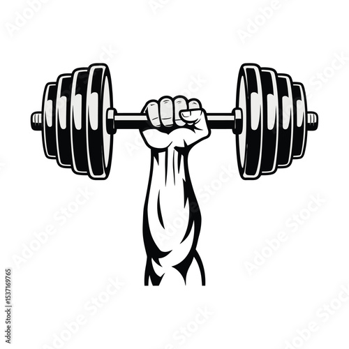 A bold, monochrome vector illustration design of a strong hand gripping a heavy dumbbell with the hand clenched tightly around the bar.