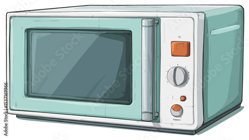 A digital illustration of a retro-style microwave oven. The microwave is depicted in a light teal or mint green color with white accents. It has a simple design with a rectangular shape