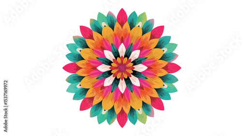 A digitally created image depicting a colorful mandala. The mandala is circular in shape and features a repeating pattern of stylized petals radiating outwards from a central point