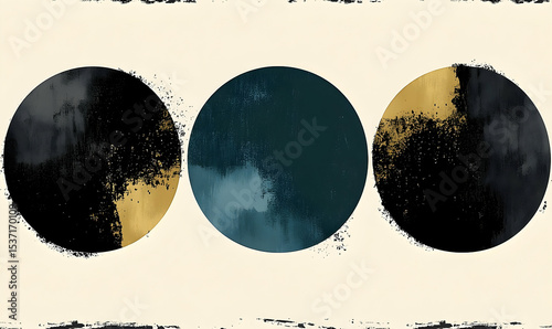Three circular abstract paintings in black, gold and teal tones on a neutral colored background with textured borders