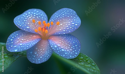 Blue-tinted flower with water droplets, soft pink center, and orange stamen, sits atop green leaves