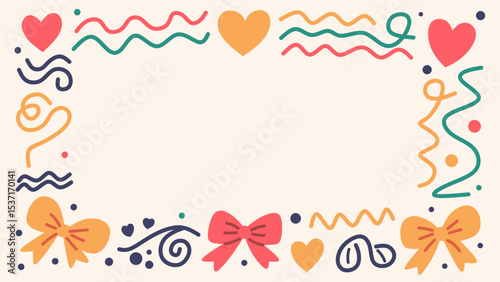 Colorful hand drawn doodle frame with hearts, bows, wavy lines, ribbons, and confetti. Perfect for invitations, greeting cards, scrapbooking, and decorative design. Cute and playful vector border.