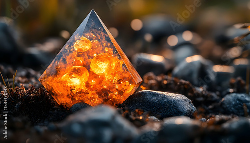 Glowing pyramid with internal orbs resting on rocks in natural sunlight and earthy soil