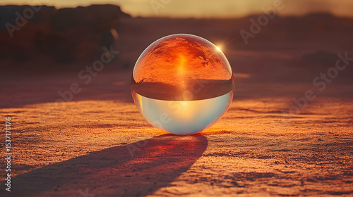 Glass orb on a warm, sandy surface reflects the sky, rocks, and sun in a desert landscape