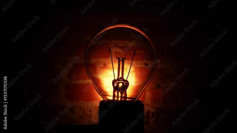 Tungsten light bulb lamp against brick wall in darkness.