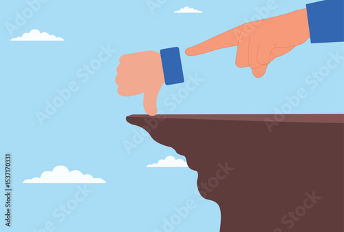 Vector illustration of a giant hand trying to push a dislike icon down a steep hill, representing the challenge of overcoming negativity and criticism in social media
