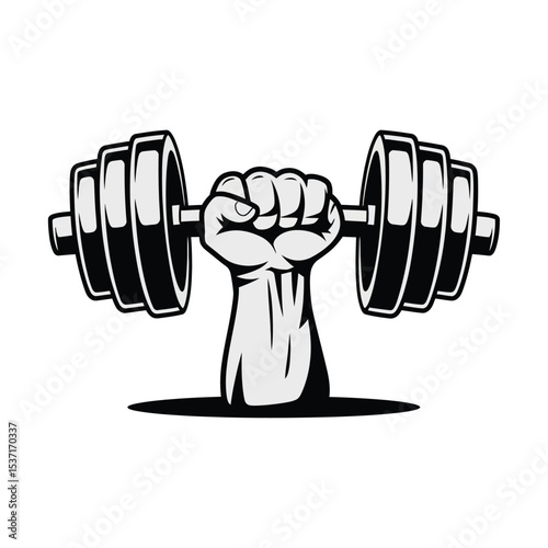 A bold, monochrome vector illustration design of a strong hand gripping a heavy dumbbell with the hand clenched tightly around the bar.