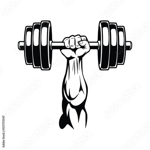 A bold, monochrome vector illustration design of a strong hand gripping a heavy dumbbell with the hand clenched tightly around the bar.