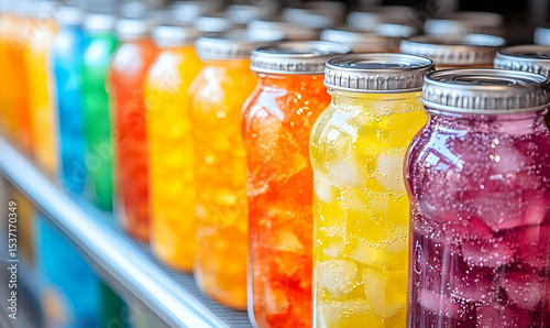 Rows of colorful, refreshing fruit drinks in jars line a bright shelf, creating a vibrant, summery display