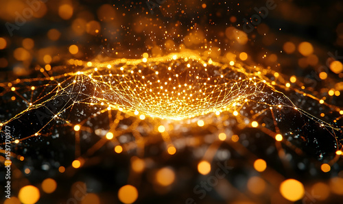 Luminous nodes form an interconnected network above dark surface, glowing softly in depth-of-field