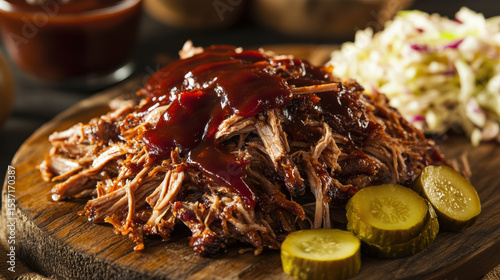 Close-up of pulled smoked pork piled onto a wooden plate, topped with BBQ sauce and served with pickles and slaw