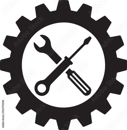 Mechanical engineering symbol featuring a gear with tools representing repair service