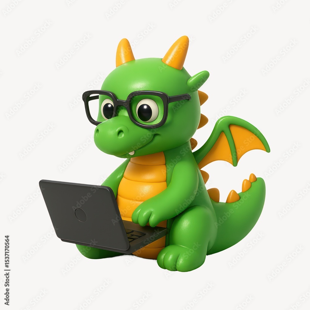 Naklejka premium Cute dragon using laptop
