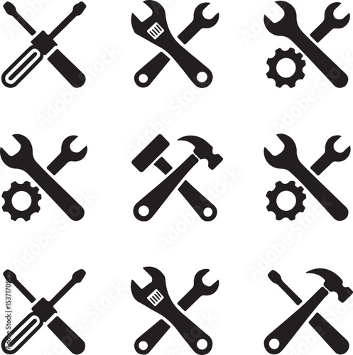Vector illustration collection of repair tools including screwdrivers wrenches and hammers
