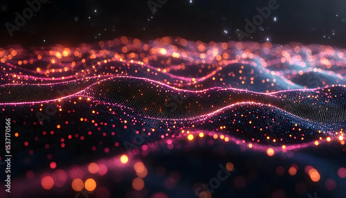 Abstract undulating surface, orange-pink bokeh, faint grid texture, with glowing particle accents against a dark space