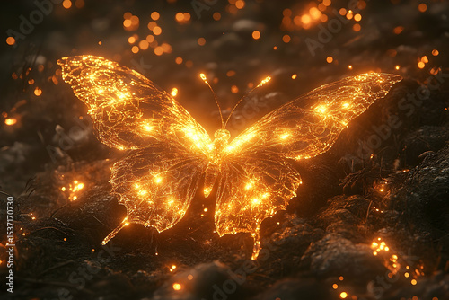 Golden, glowing butterfly hovering over a textured, dark ground with floating bokeh lights