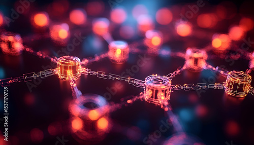 An abstract, interconnected network glows with red and orange light against a dark blue background