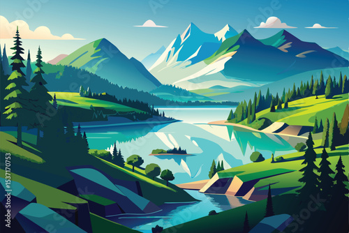 mountain landscape with lake and mountains
