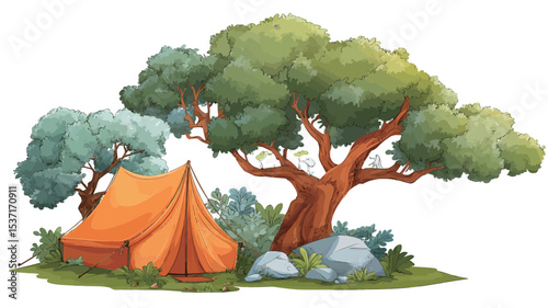 A digital illustration depicting an orange tent nestled amongst trees and rocks.  The style is cartoonish or whimsical, with soft, painterly rendering. The trees are lush and green