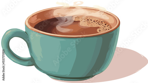 A digital illustration depicts a top-down view of a teal-colored coffee cup filled with dark brown coffee.  The coffee appears to be steaming, with visible steam rising from the surface