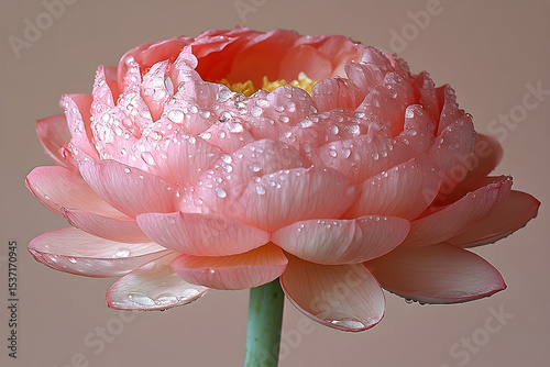 Dew-kissed pink lotus flower in full bloom with yellow center, green stem on a soft pink background