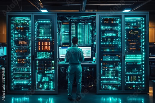 Data center technician standing before server racks and monitoring computer system