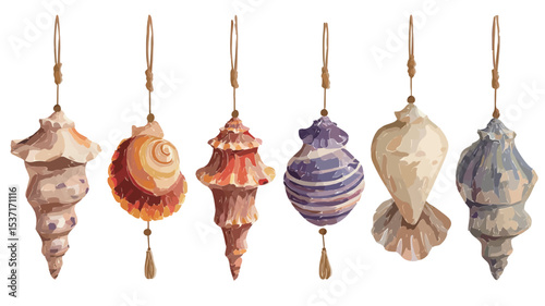 Digital illustration of six watercolor seashells rendered as hanging ornaments. Each seashell is unique in color and shape, with variations in texture and detailing. They are depicted against a