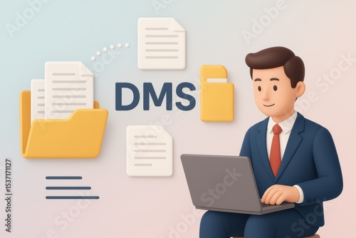 Document management system concept with businessman using laptop