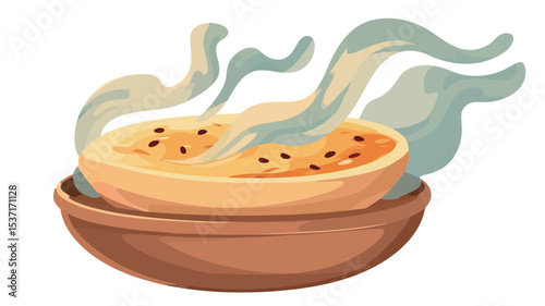 A digital illustration depicting a top-down view of a shallow, earthenware bowl filled with a pale yellow, creamy soup.  The soup appears smooth with small dark specks possibly representing seeds