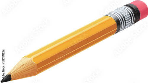 A close-up image of a single, yellow number two pencil with a pink eraser. The pencil is positioned diagonally across the frame, with the sharpened point to the left and the eraser to the right.