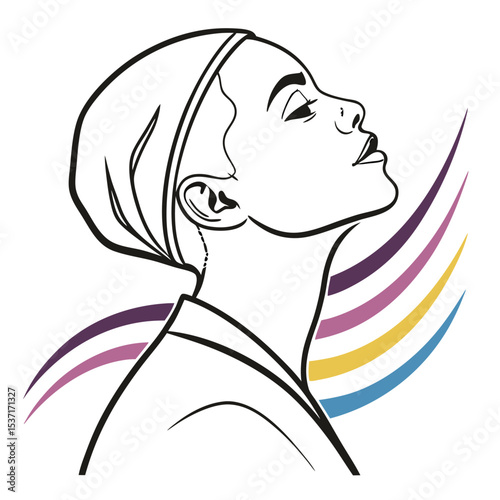Black Line Art Portrait of Woman Wearing Headwrap Against Colorful Abstract Background