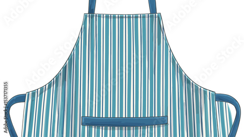 A full studio shot against a white background of a kitchen apron. The apron is predominantly blue and white, featuring vertical stripes. It has a small, dark blue pocket at the bottom front and is
