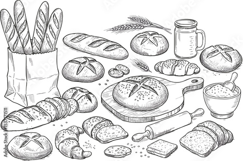 Hand drawn bakery food illustration, fresh bread, croissants, baguettes, flour bowl, wheat, rolling pin, rustic baking sketch, vintage style