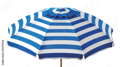 Top-down view of a beach umbrella with alternating blue and white horizontal stripes. The umbrella is closed and appears to be made of a fabric material. The wooden pole is partially visible at the