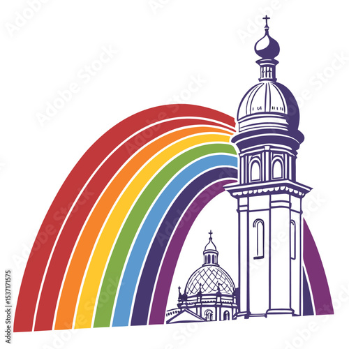 Colorful Rainbow Arch Over Two Purple Churches Domes and Towers Illustration vector