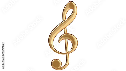 A close-up shot of a treble clef rendered in a shiny gold color against a white background. The clef is depicted in a stylized, slightly ornate manner. The image is highly detailed
