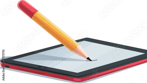 A digital illustration depicts a red tablet computer lying flat. A yellow pencil with a red eraser is shown at an angle, its tip seemingly in contact with the tablet's screen. The screen displays a