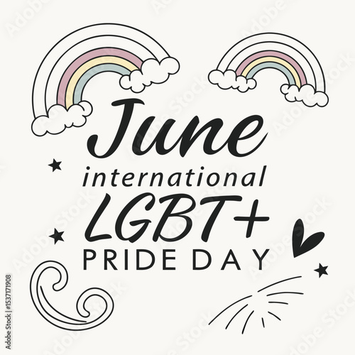 June International L G B T Pride Day Pastel Rainbows Clouds Stars Hearts Swirls Design