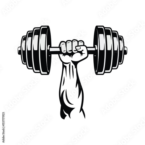 A bold, monochrome vector illustration design of a strong hand gripping a heavy dumbbell with the hand clenched tightly around the bar.