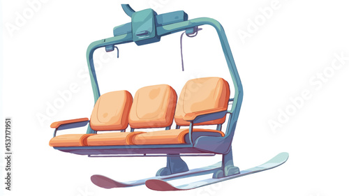 A digital illustration of a three-seater ski lift chair against a white background. The chair is orange with armrests and is attached to a blue metal frame.  Two pairs of skis are visible